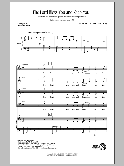 Download Peter C. Lutkin Lord Bless You And Keep You (arr. John Sheet Music