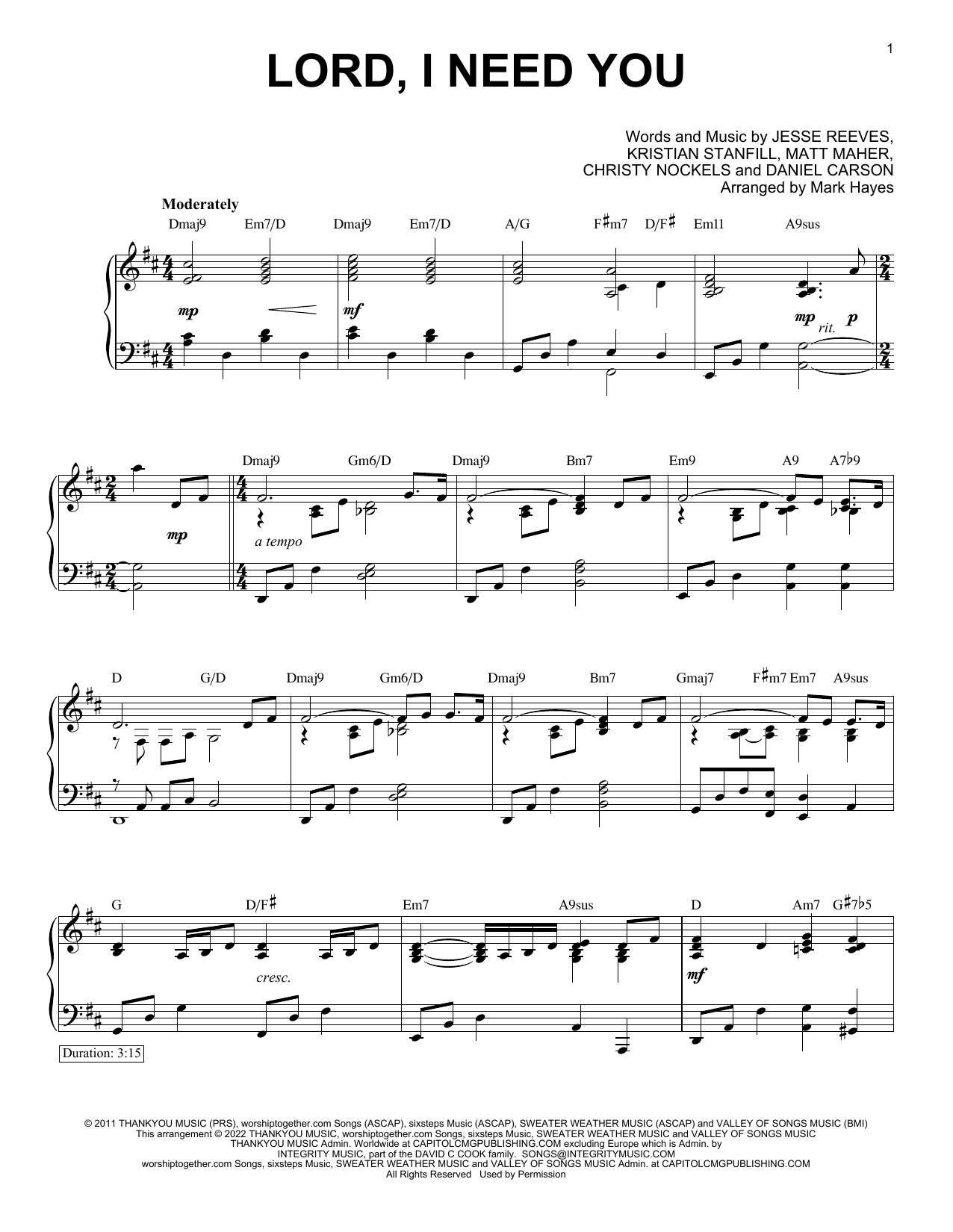 Download Matt Maher Lord, I Need You (arr. Mark Hayes) Sheet Music