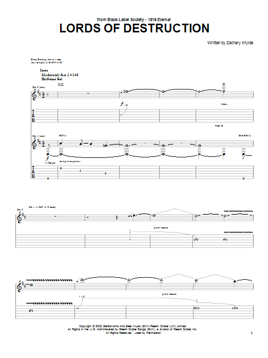Download Black Label Society Lords Of Destruction Sheet Music