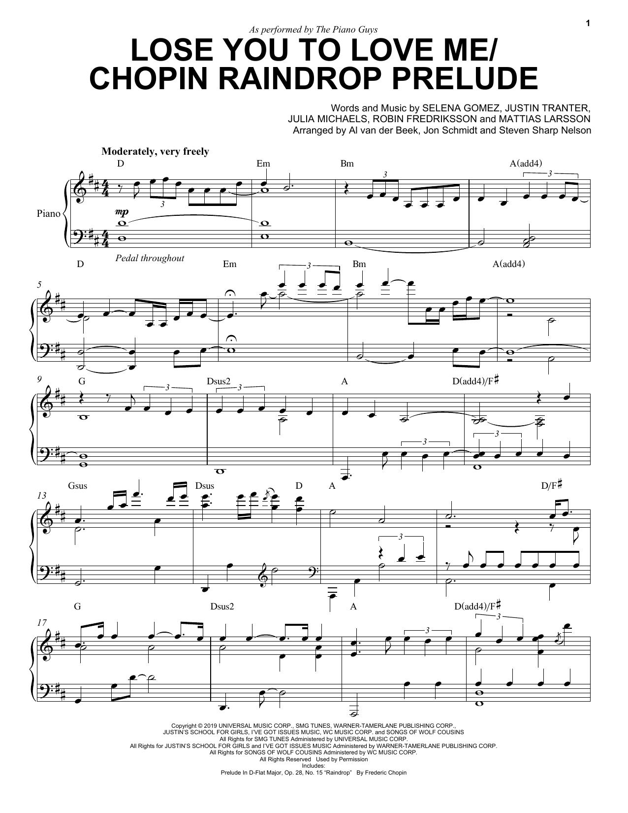 Download The Piano Guys Lose You To Love Me/Chopin Raindrop Pre Sheet Music