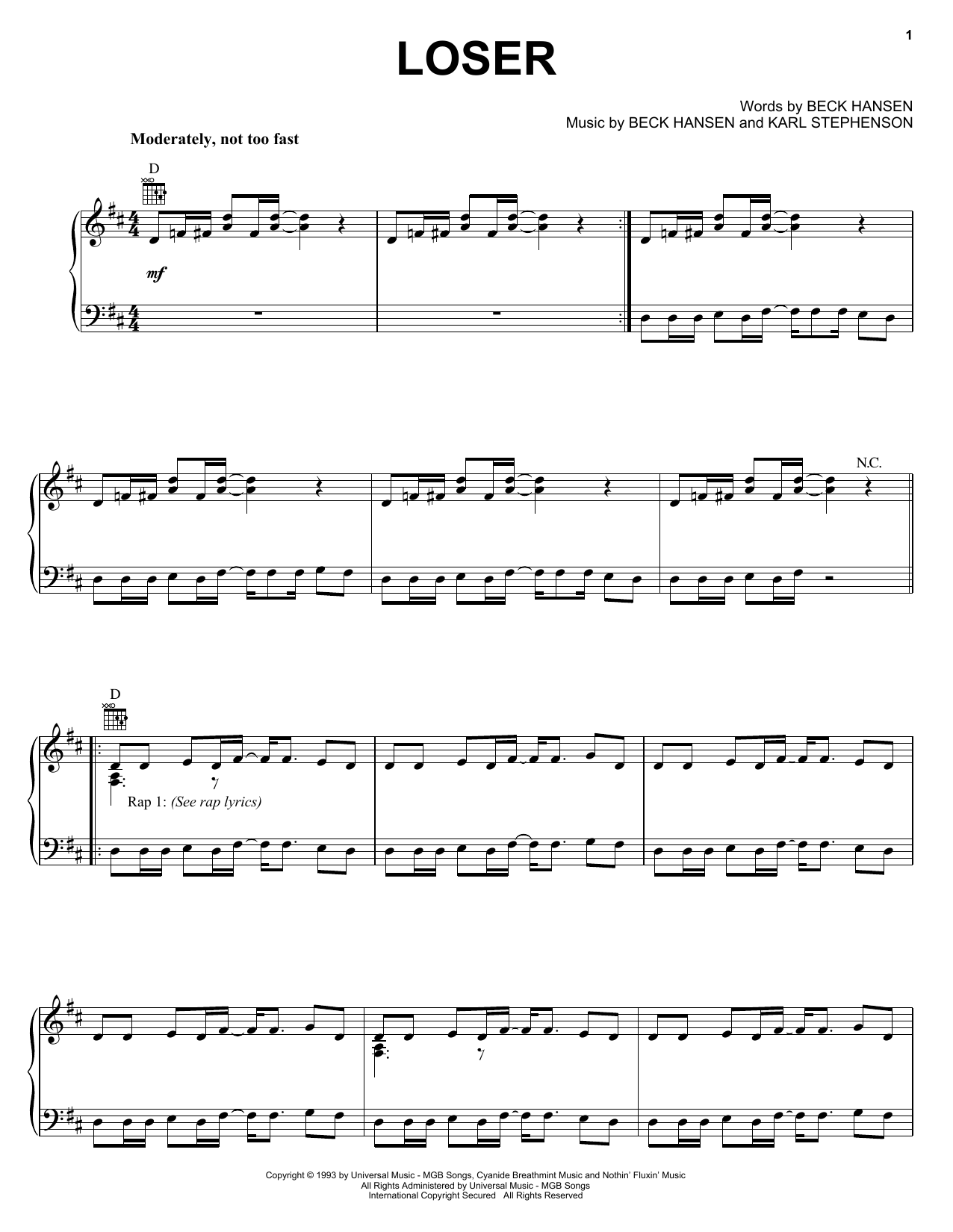 Beck Loser sheet music notes printable PDF score