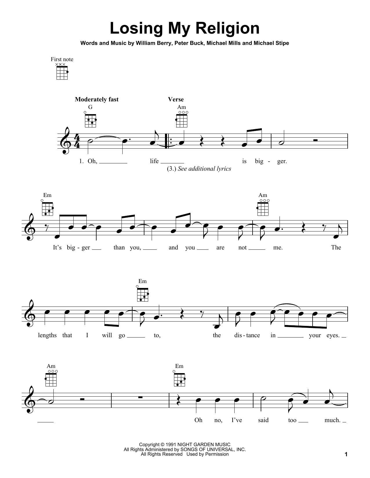 Download R.E.M. Losing My Religion Sheet Music