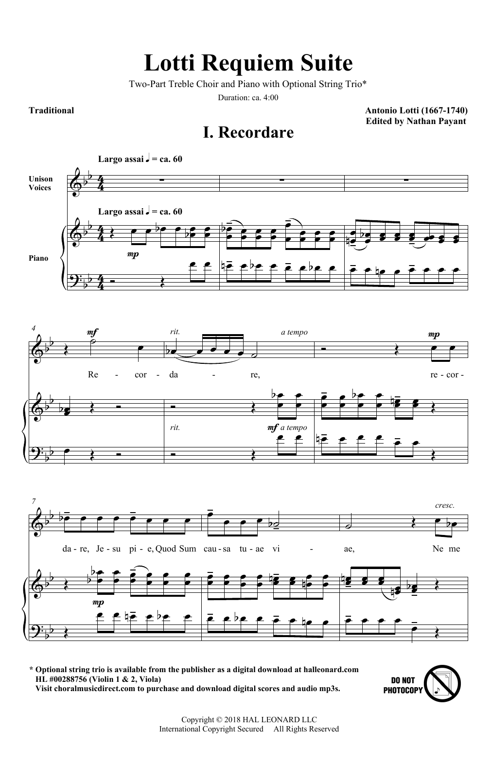 Download Antonio Lotti Lotti Requiem Suite (arr. Natahn Payant Sheet Music