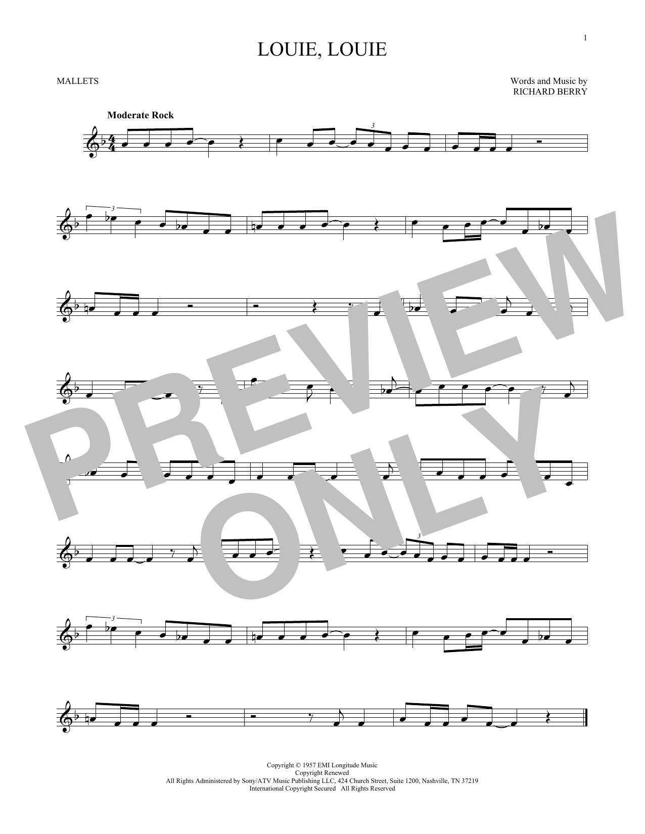The Kingsmen Louie, Louie sheet music notes printable PDF score