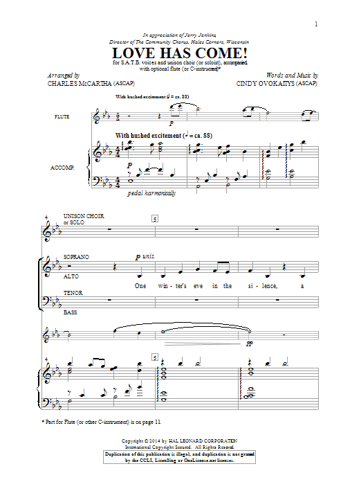 Download Cindy Ovokaitys Love Has Come! (arr. Charles McCartha) Sheet Music