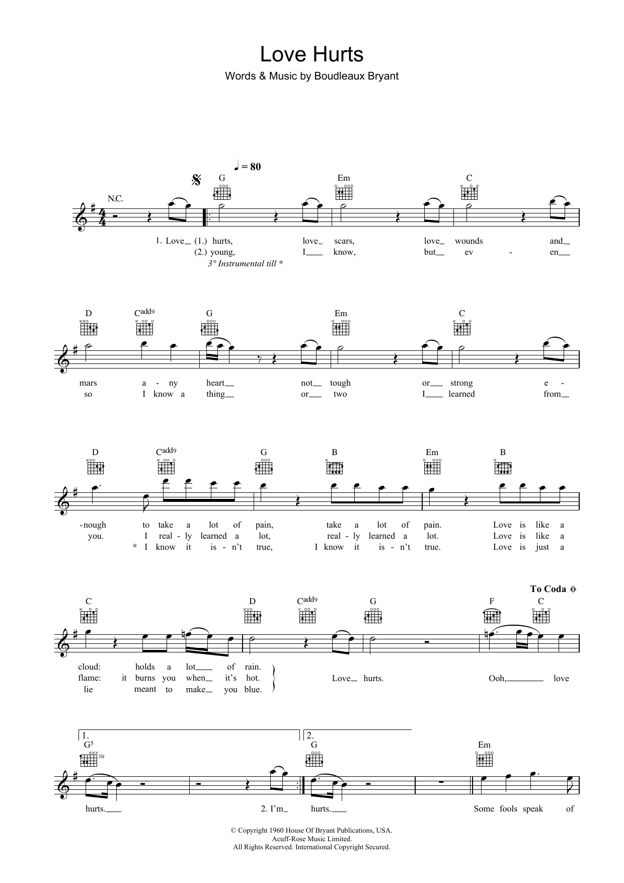 Download Boudleaux Bryant Love Hurts Sheet Music