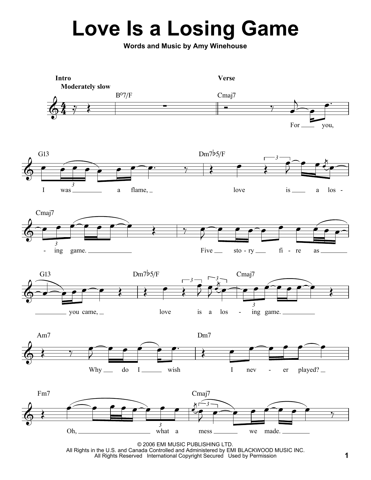 Download Amy Winehouse Love Is A Losing Game Sheet Music