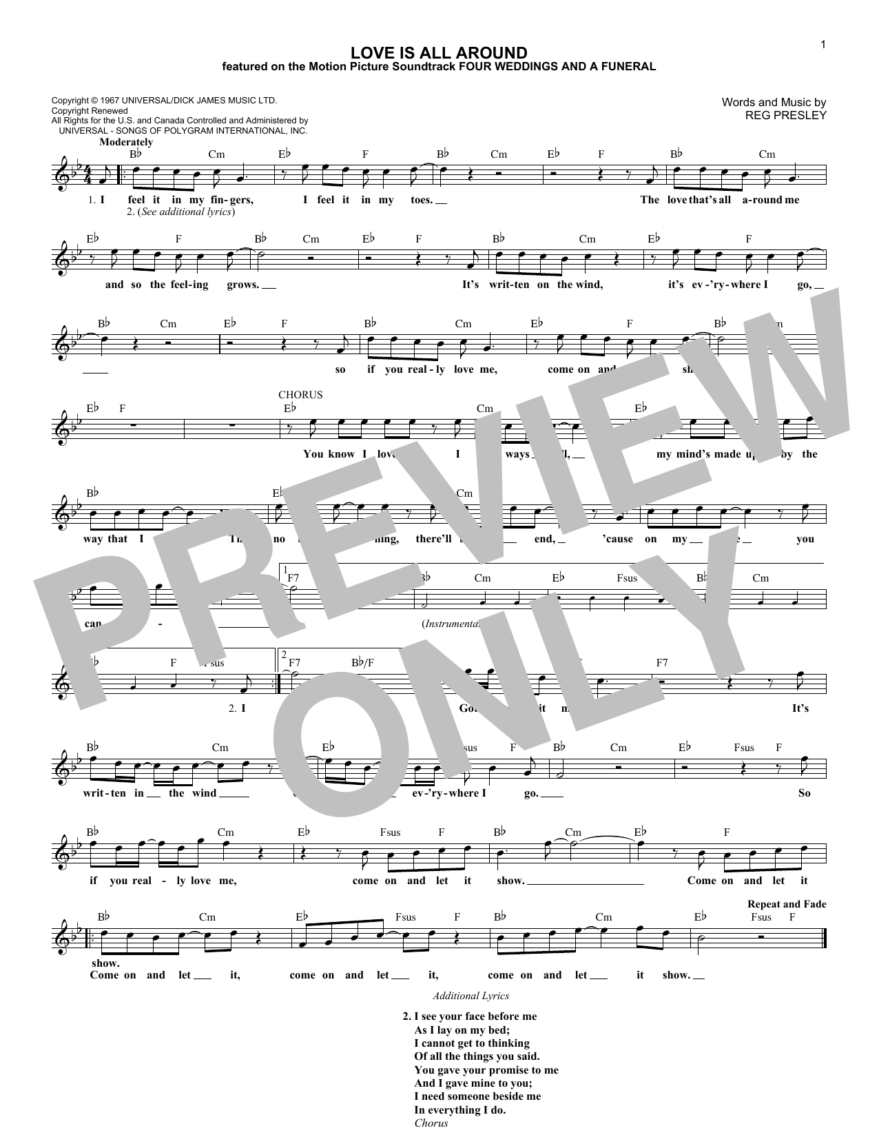 Wet Wet Wet Love Is All Around sheet music notes printable PDF score