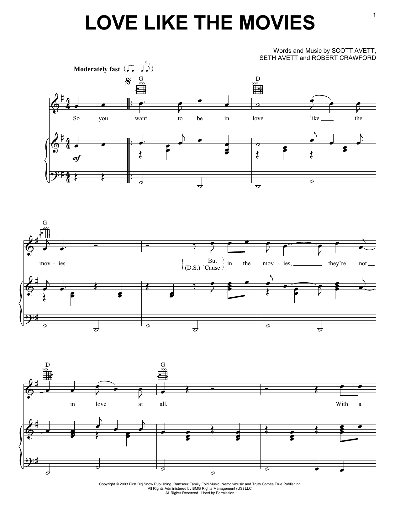 Download The Avett Brothers Love Like The Movies Sheet Music