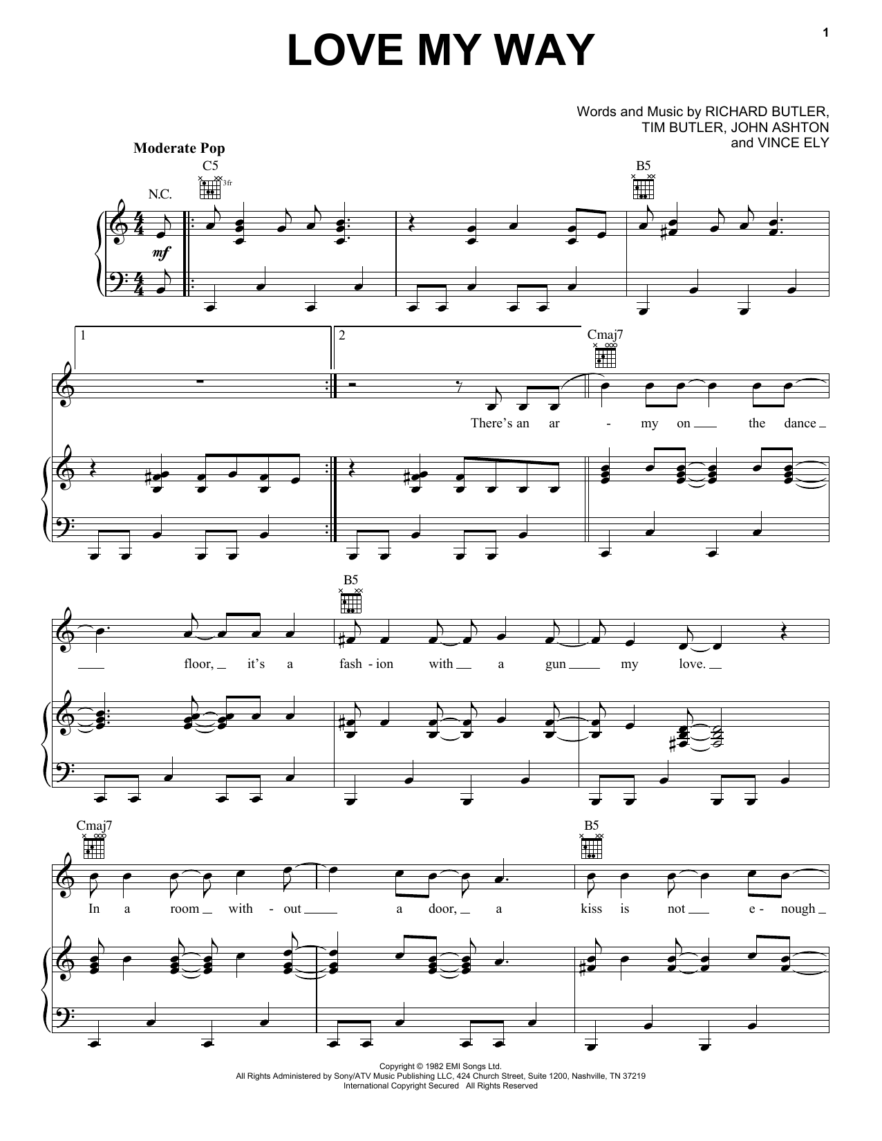 Download Psychedelic Furs Love My Way Sheet Music