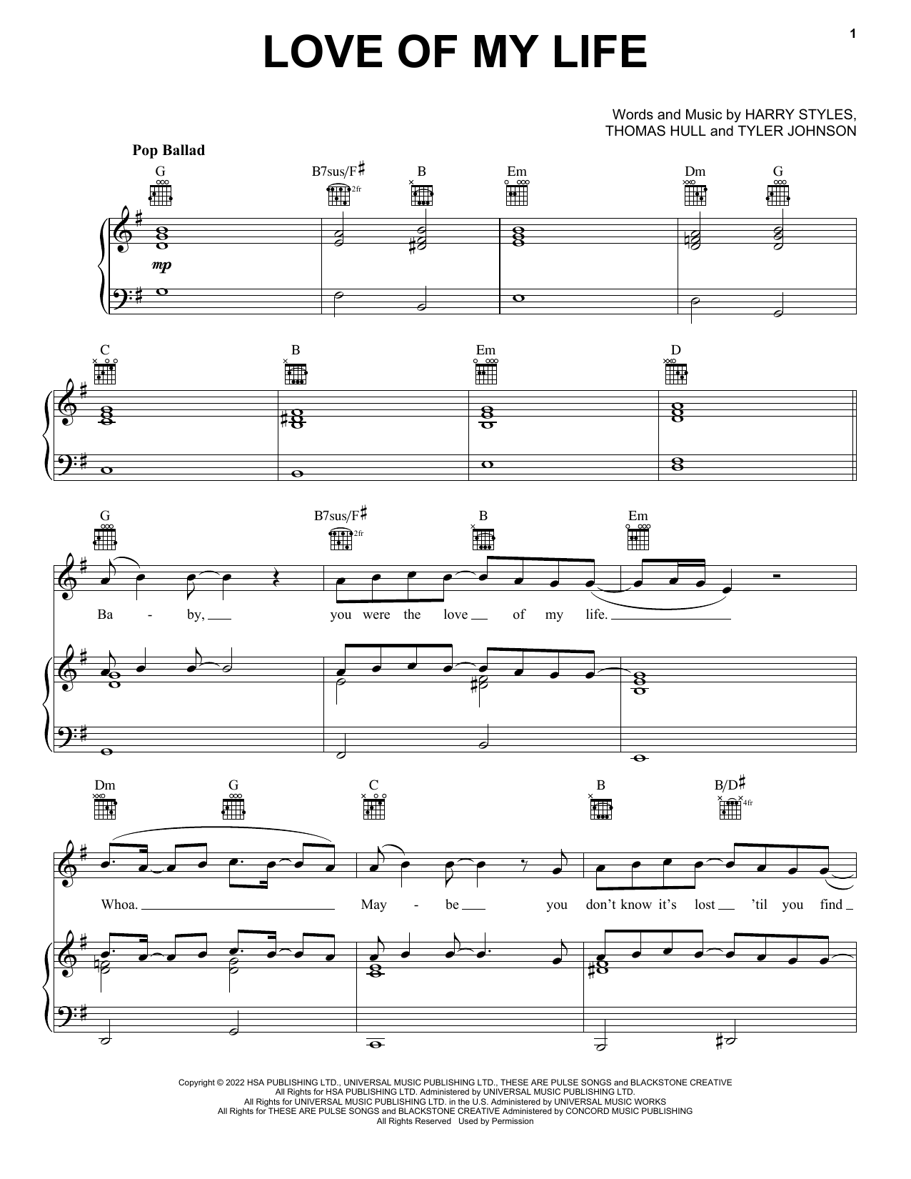 Download Harry Styles Love Of My Life Sheet Music