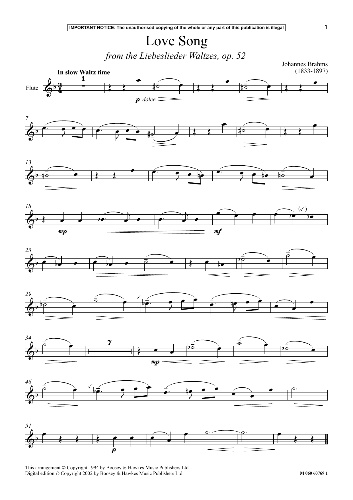 Download Johannes Brahms Love Song (from The Liebeslieder Waltze Sheet Music