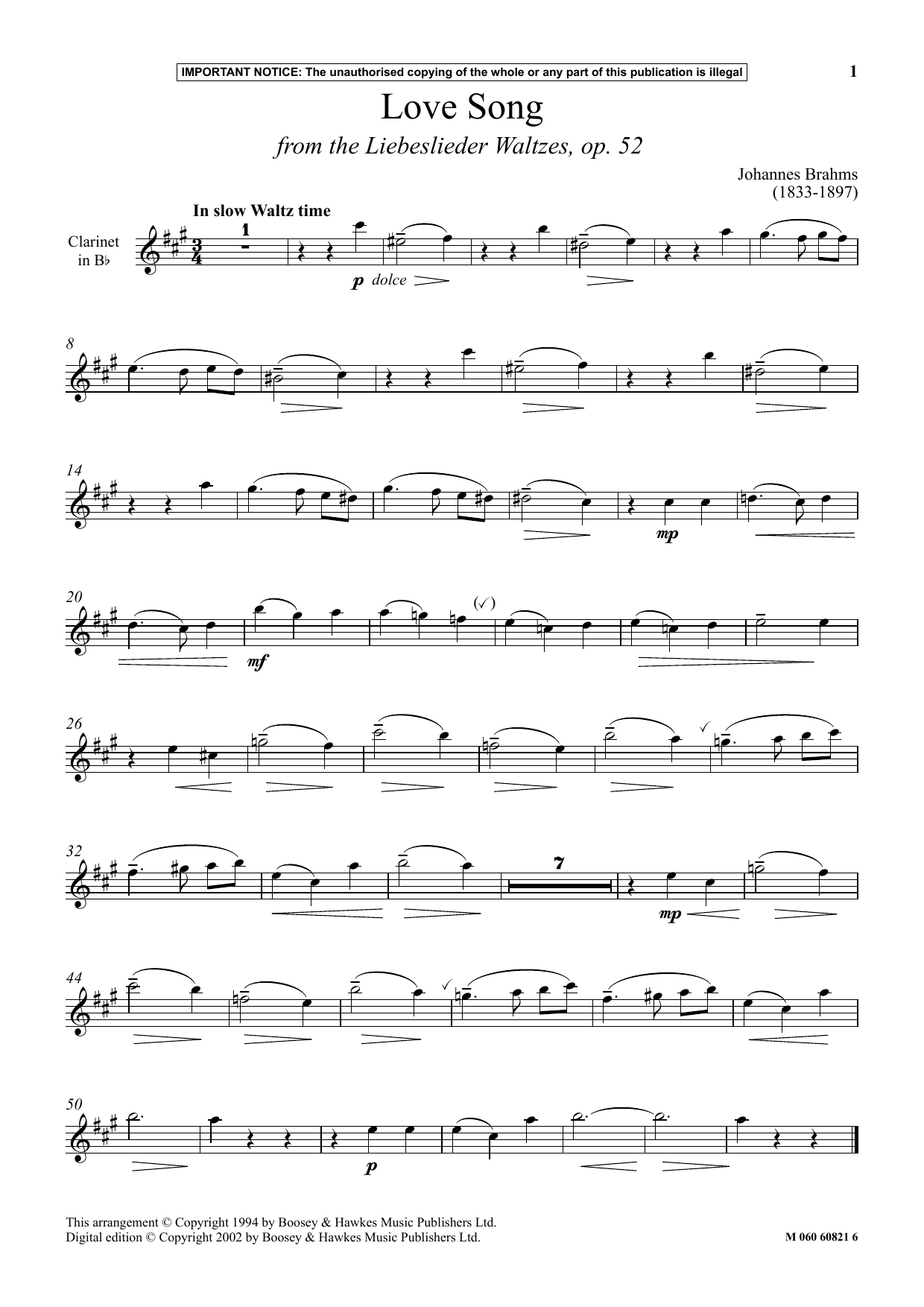 Download Johannes Brahms Love Song (from The Liebeslieder Waltze Sheet Music