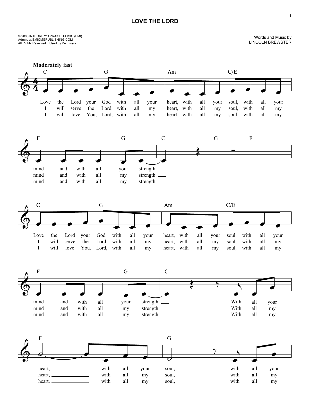 Download Lincoln Brewster Love The Lord Sheet Music