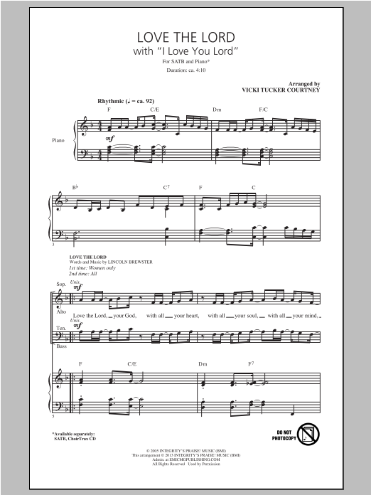 Download Vicki Tucker Courtney Love The Lord (with I Love You Lord) Sheet Music