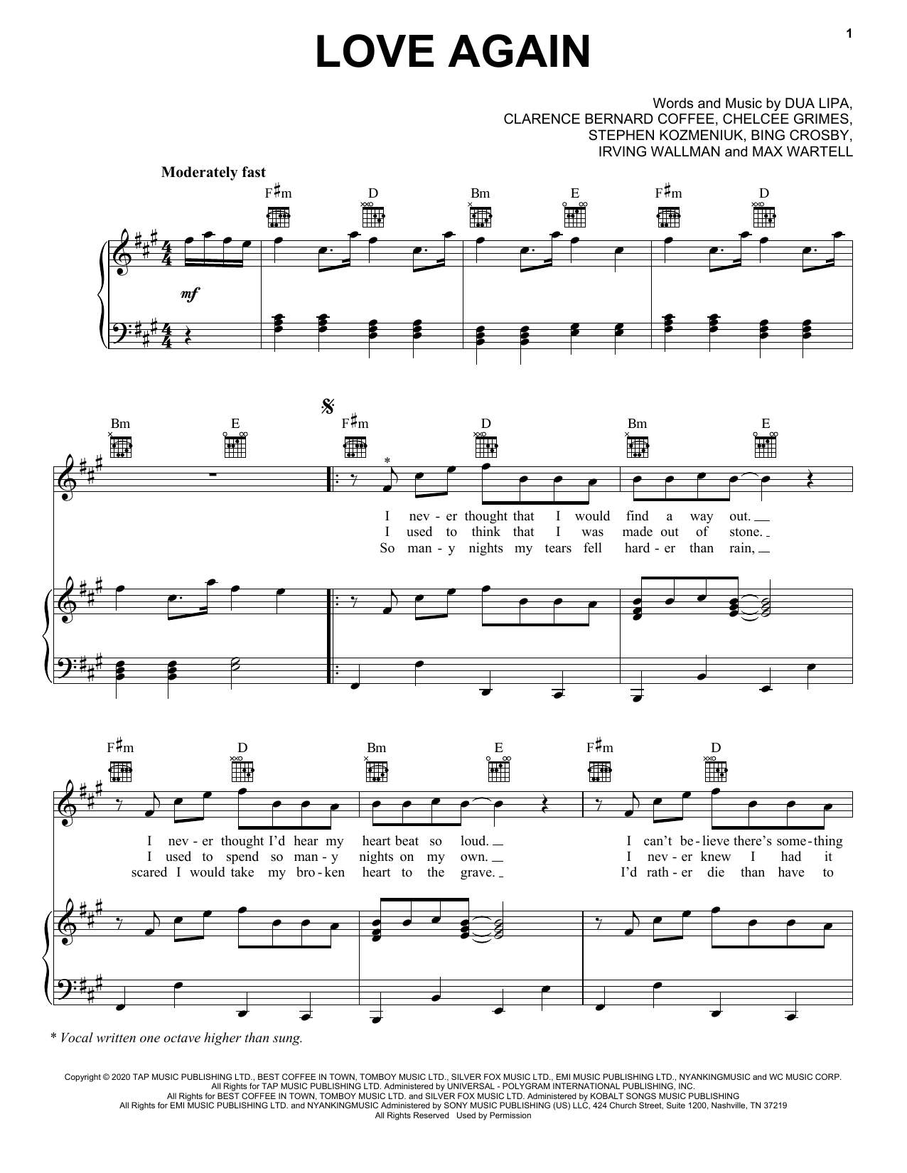 Dua Lipa Love Again sheet music notes printable PDF score