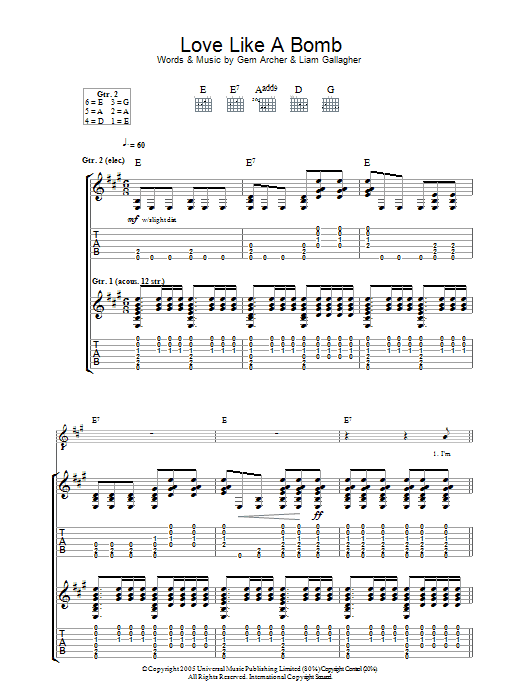 Download Oasis Love Like A Bomb Sheet Music