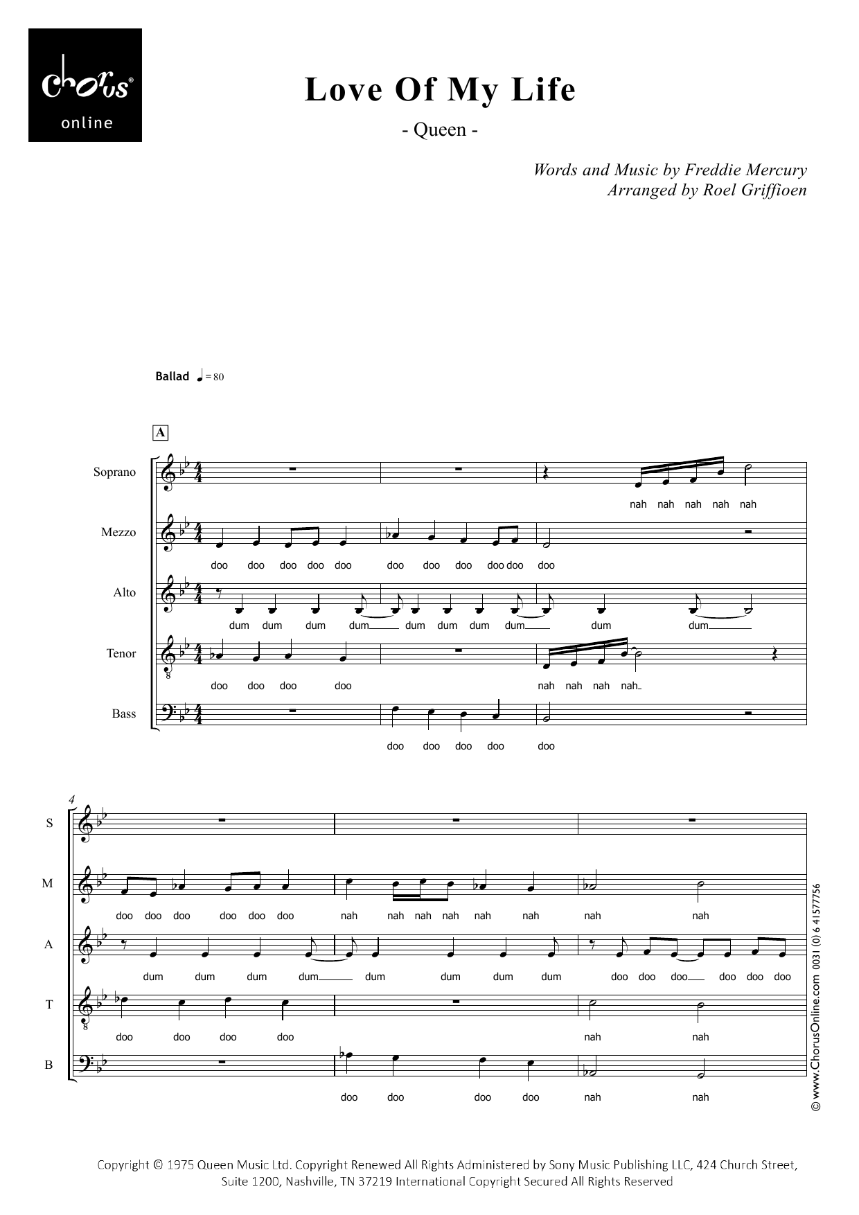 Queen Love of My Life (arr. Roel Griffioen) sheet music notes printable PDF score