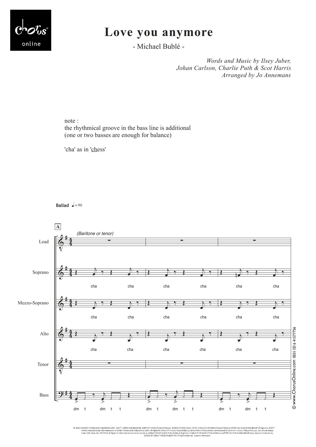 Michael Bublé Love You Anymore (arr. Jo Annemans) sheet music notes printable PDF score