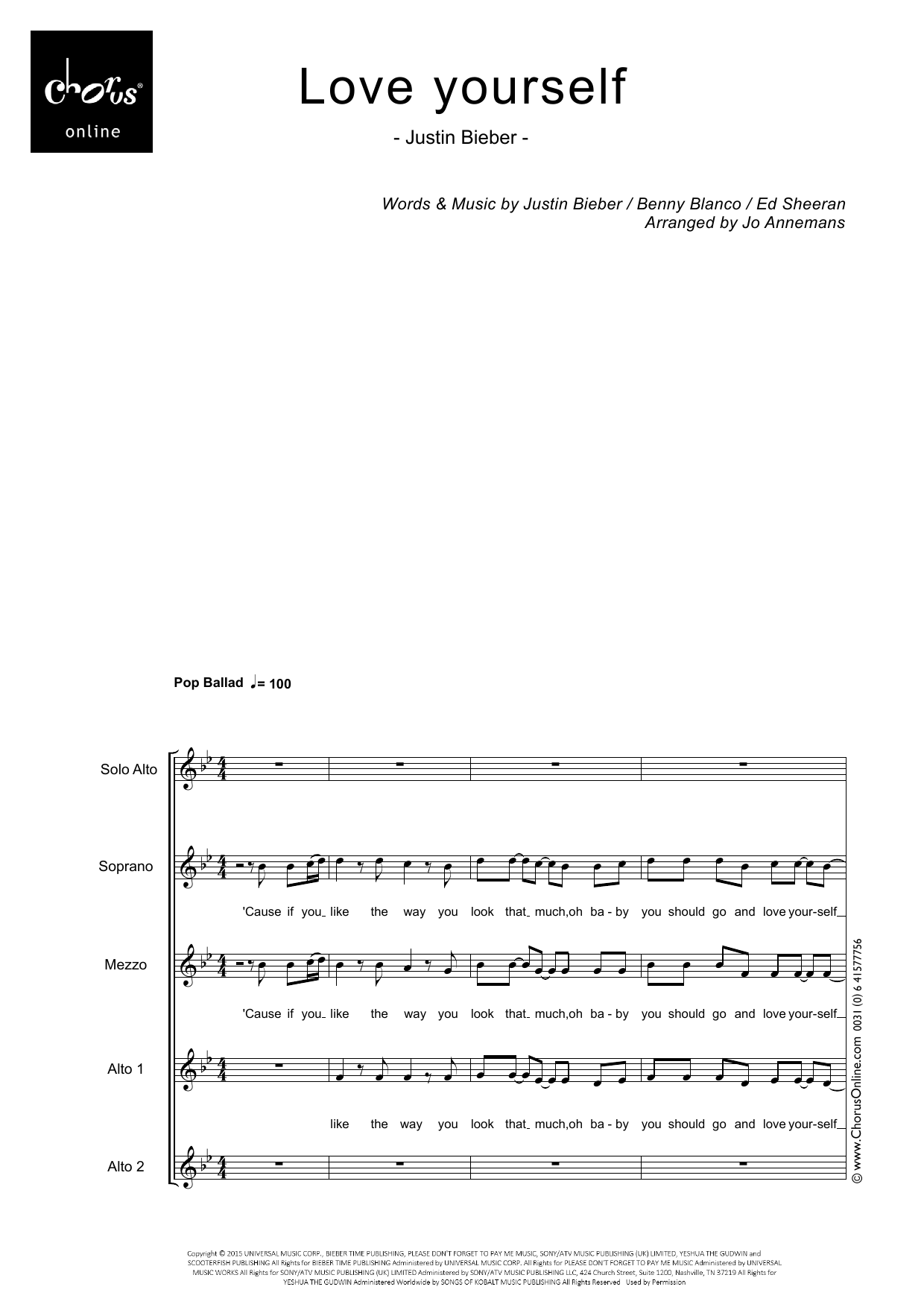 Justin Bieber Love Yourself (arr. Jo Annemans) sheet music notes printable PDF score