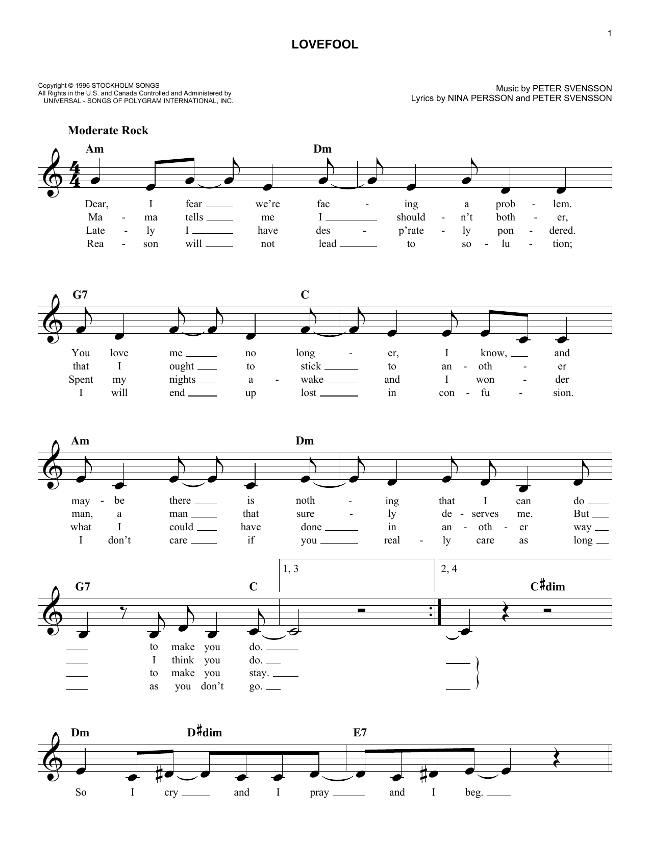 Download The Cardigans Lovefool Sheet Music