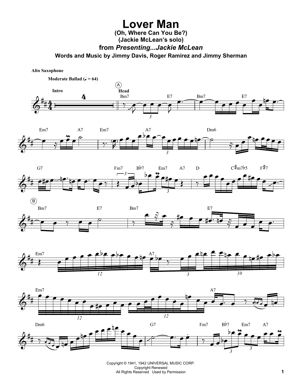 Download Jackie McLean Lover Man (Oh, Where Can You Be?) Sheet Music