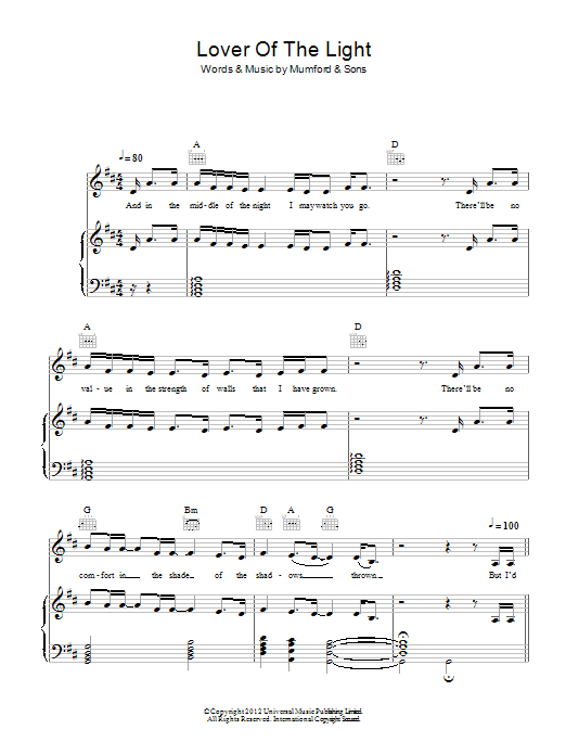 Download Mumford & Sons Lover Of The Light Sheet Music