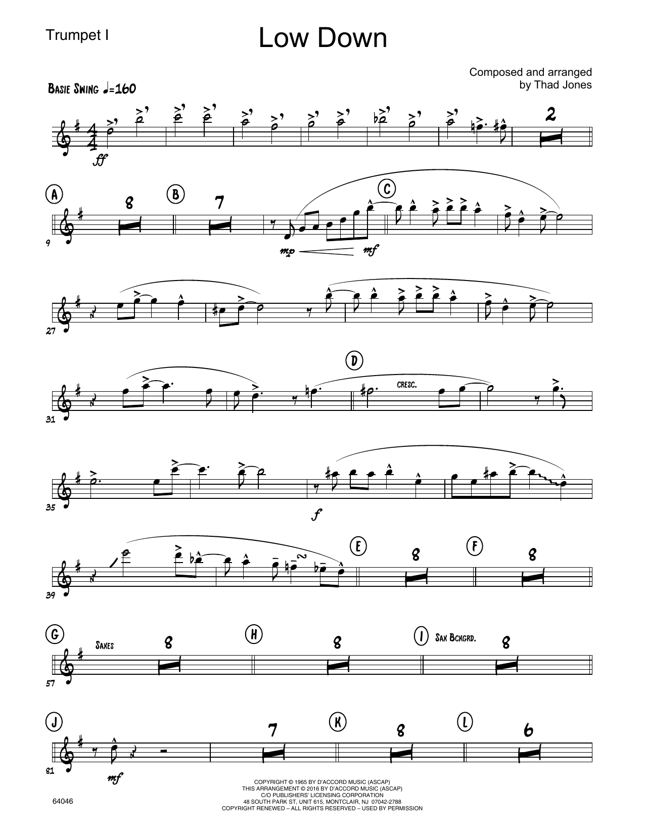 Download Thad Jones Low Down - 1st Bb Trumpet Sheet Music