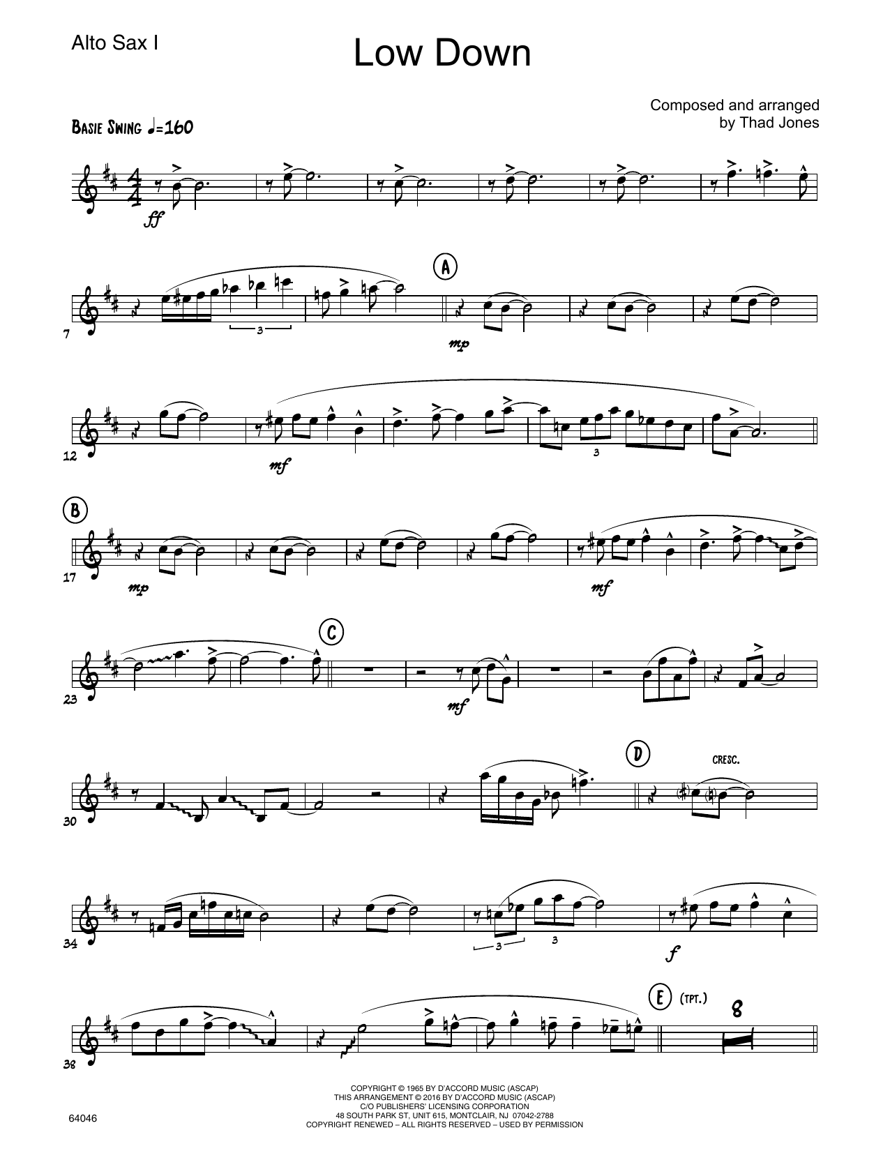 Download Thad Jones Low Down - 1st Eb Alto Saxophone Sheet Music