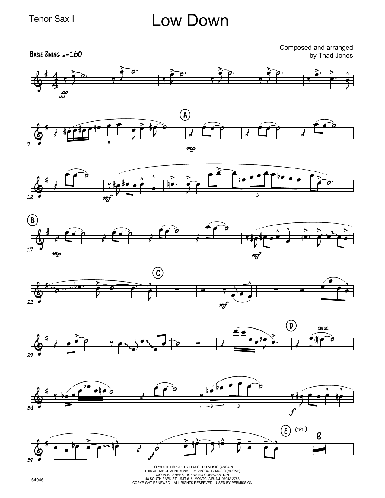 Download Thad Jones Low Down - 1st Tenor Saxophone Sheet Music