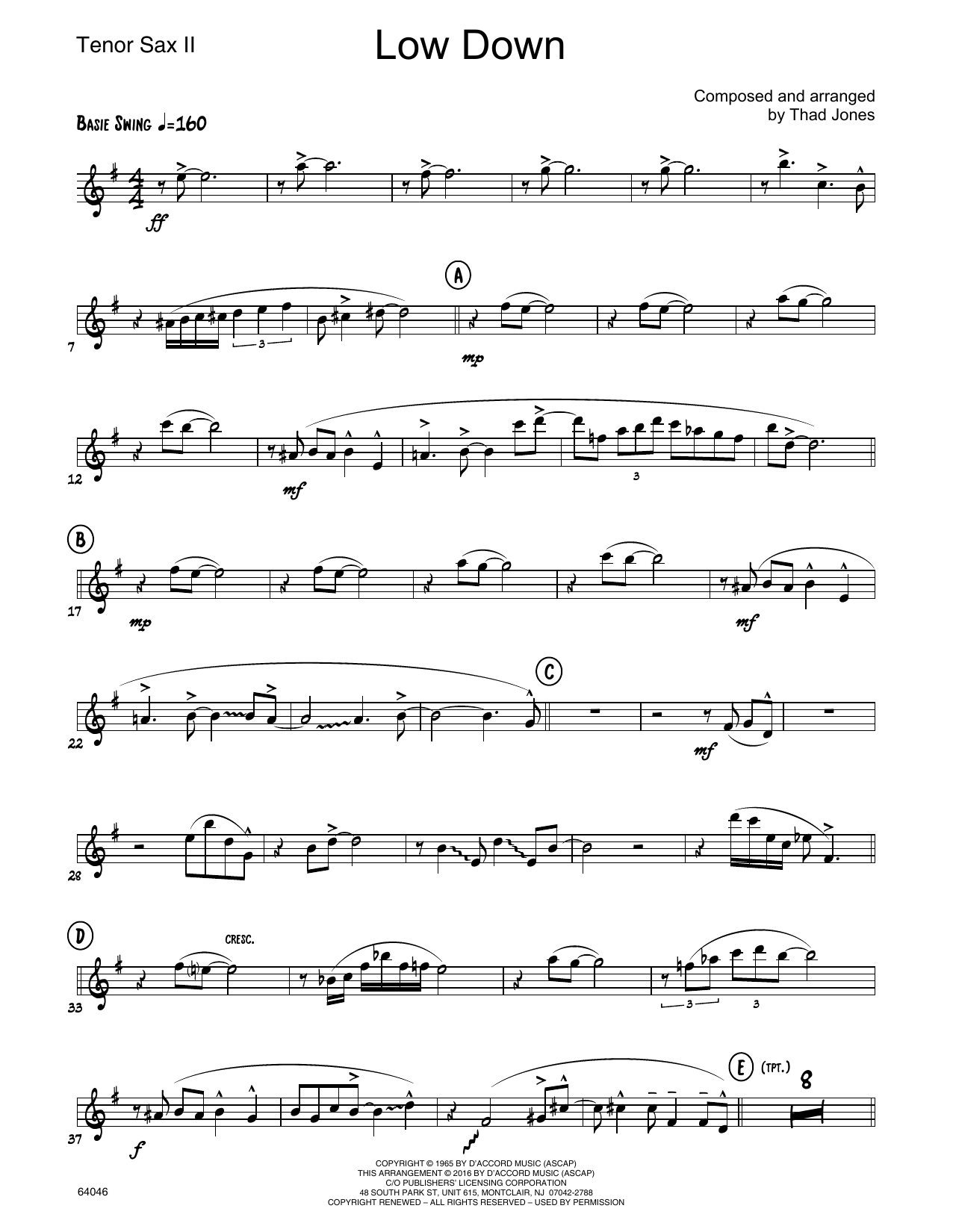 Download Thad Jones Low Down - 2nd Bb Tenor Saxophone Sheet Music