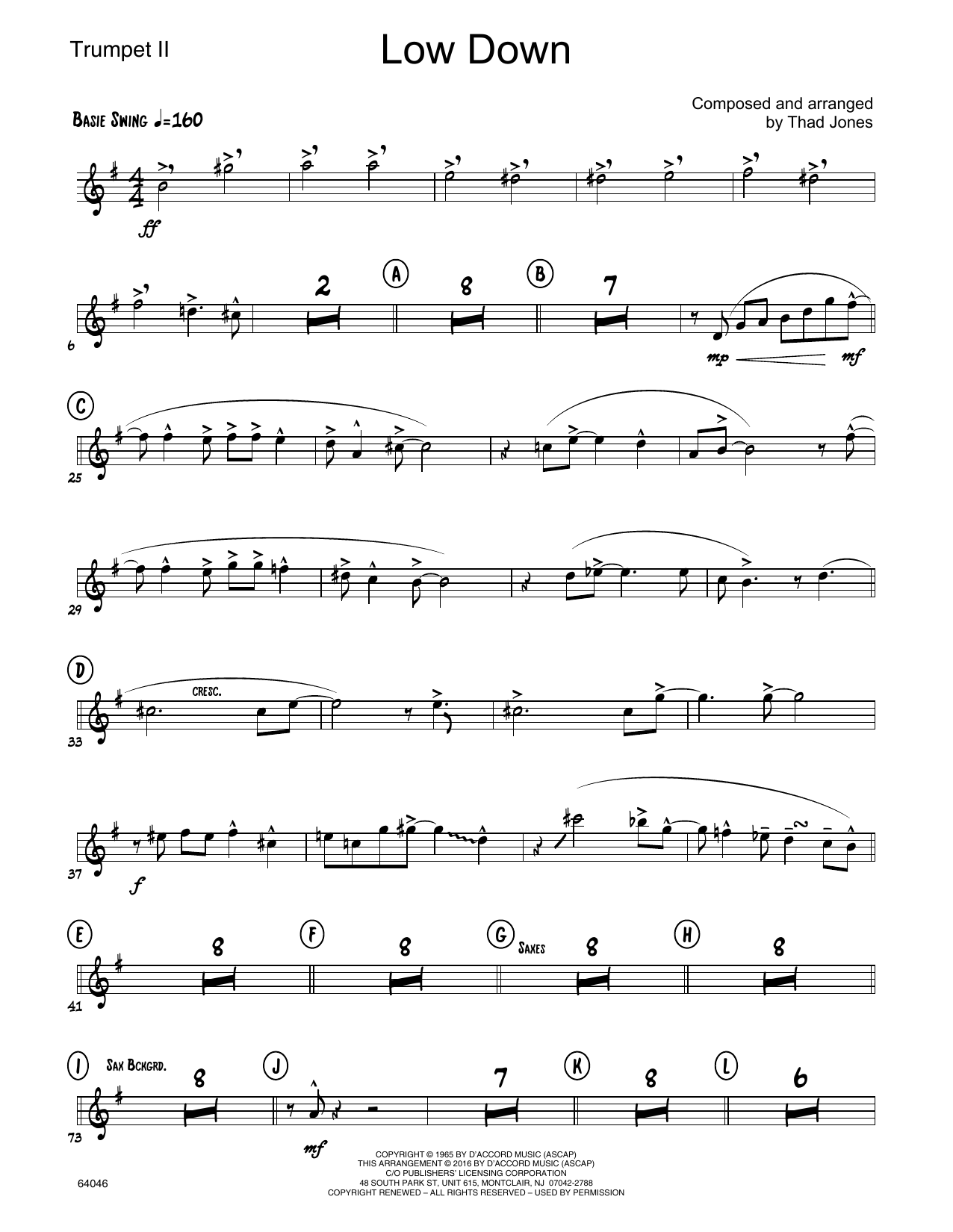 Download Thad Jones Low Down - 2nd Bb Trumpet Sheet Music