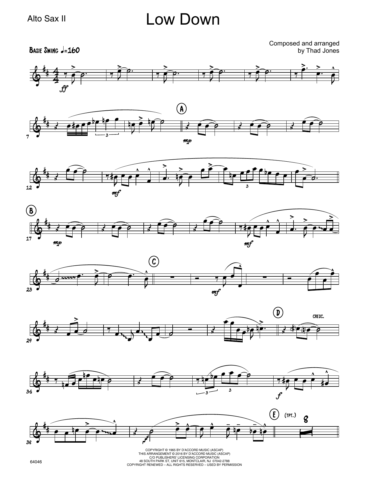 Download Thad Jones Low Down - 2nd Eb Alto Saxophone Sheet Music