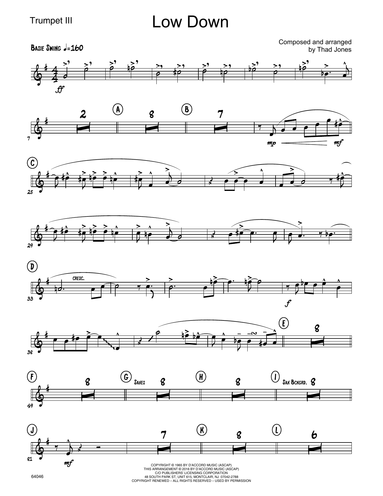 Download Thad Jones Low Down - 3rd Bb Trumpet Sheet Music