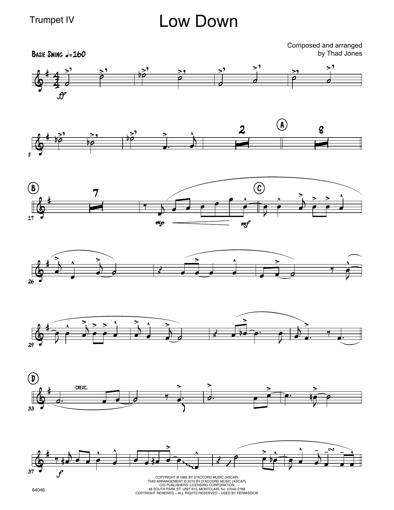 Download Thad Jones Low Down - 4th Bb Trumpet Sheet Music