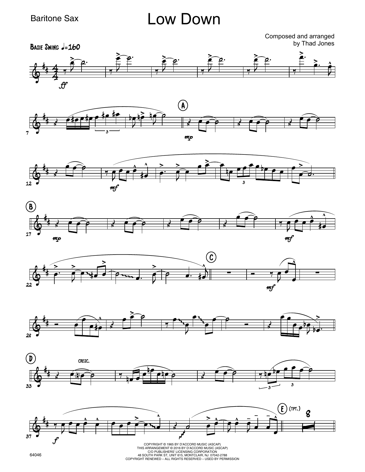 Download Thad Jones Low Down - Eb Baritone Saxophone Sheet Music