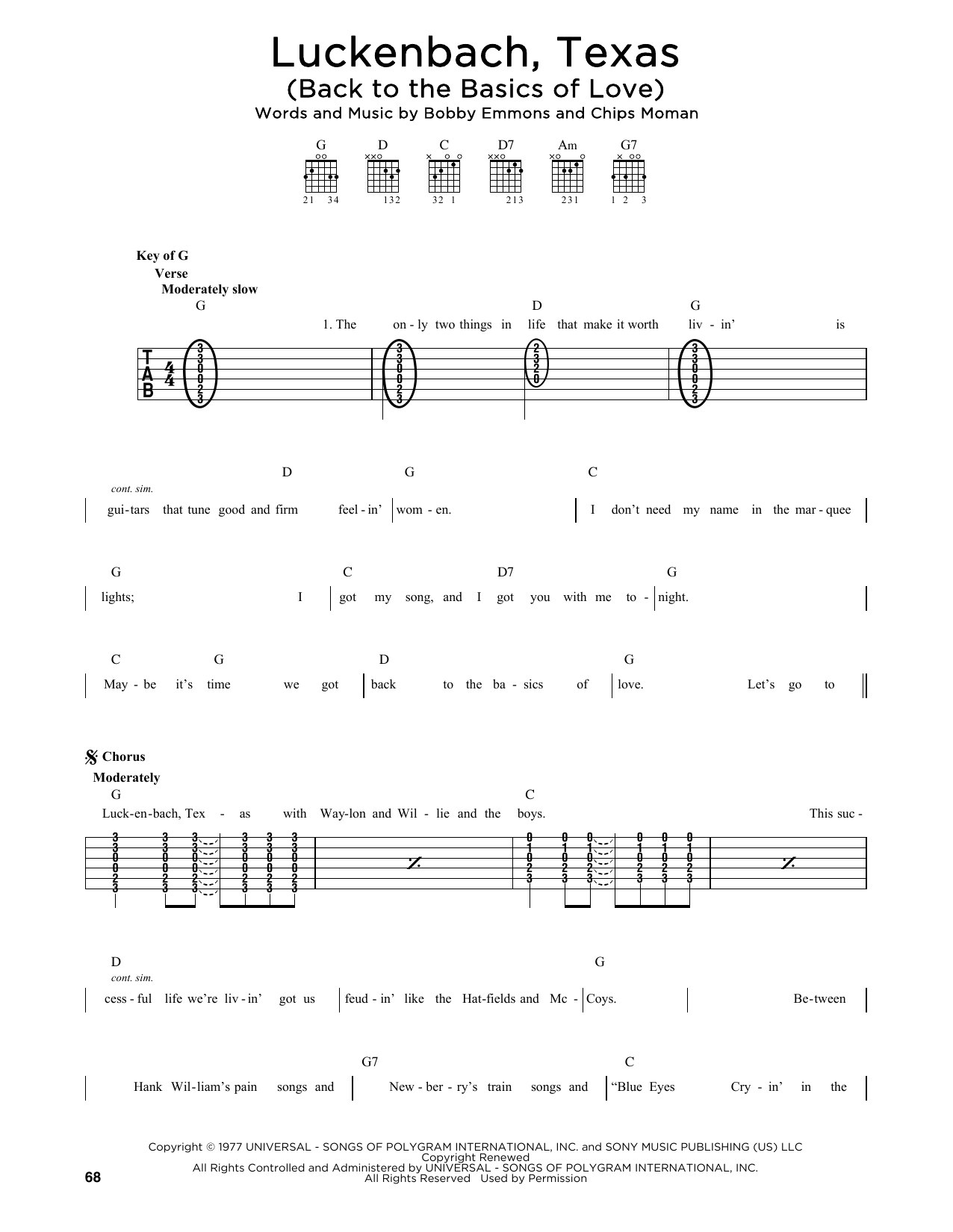 Waylon Jennings Luckenbach, Texas (Back To The Basics Of Love) sheet music notes printable PDF score