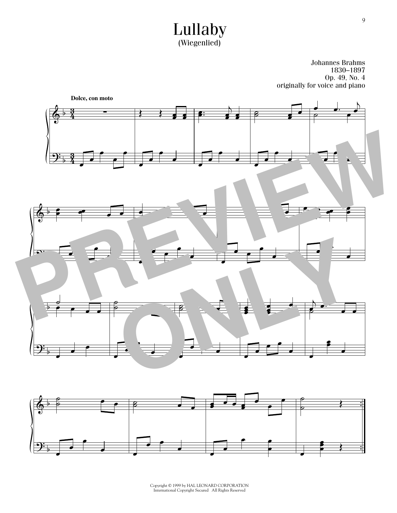 Johannes Brahms Lullaby (Cradle Song) sheet music notes printable PDF score