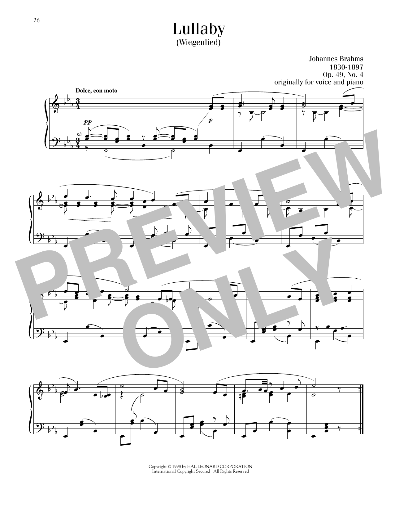 Johannes Brahms Lullaby (Cradle Song) sheet music notes printable PDF score