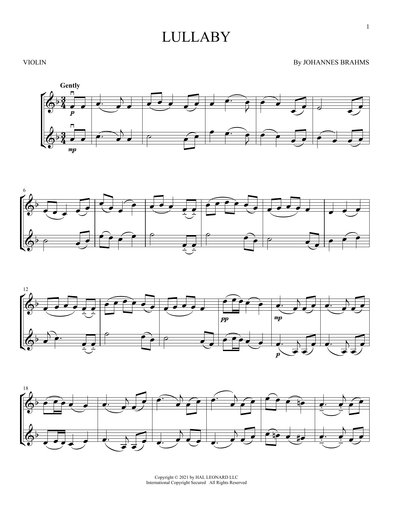 Download Johannes Brahms Lullaby (Cradle Song) Sheet Music