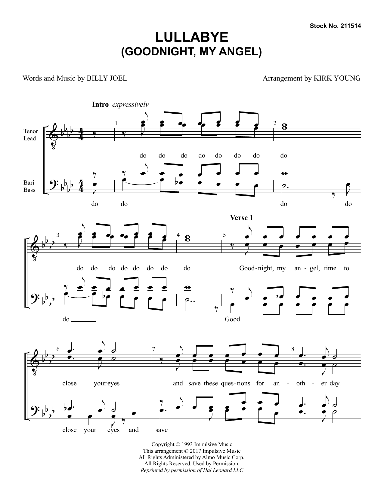 Download Billy Joel Lullaby (Goodnight My Angel) (arr. Kirk Sheet Music
