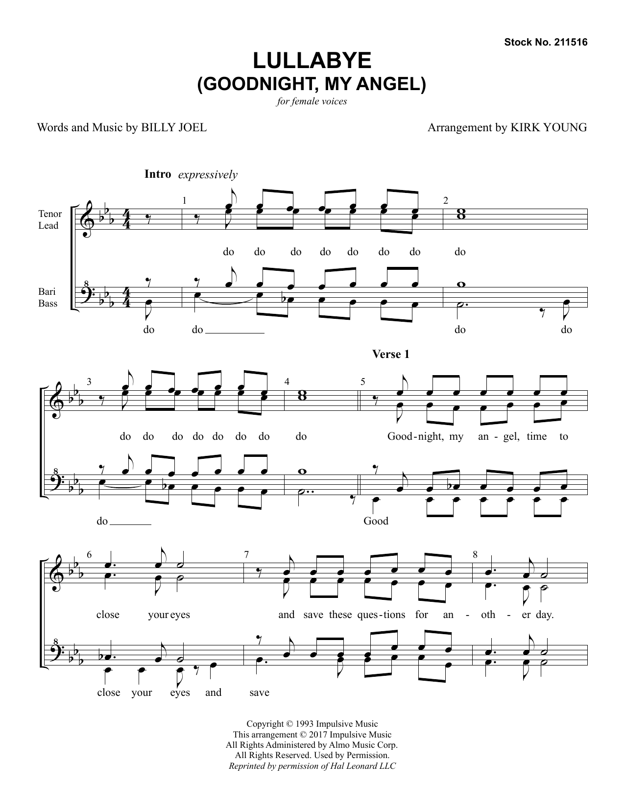 Download Billy Joel Lullaby (Goodnight My Angel) (arr. Kirk Sheet Music