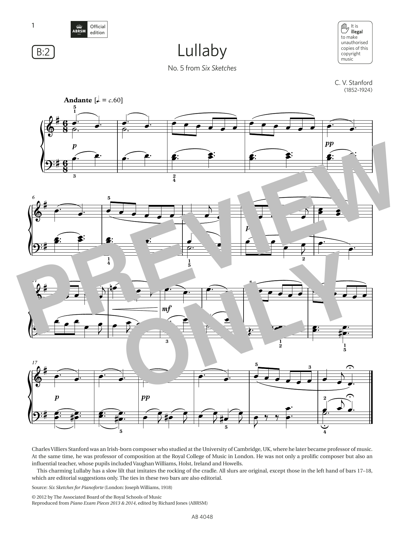 Download C V Stanford Lullaby (Grade 2, list B2, from the ABR Sheet Music