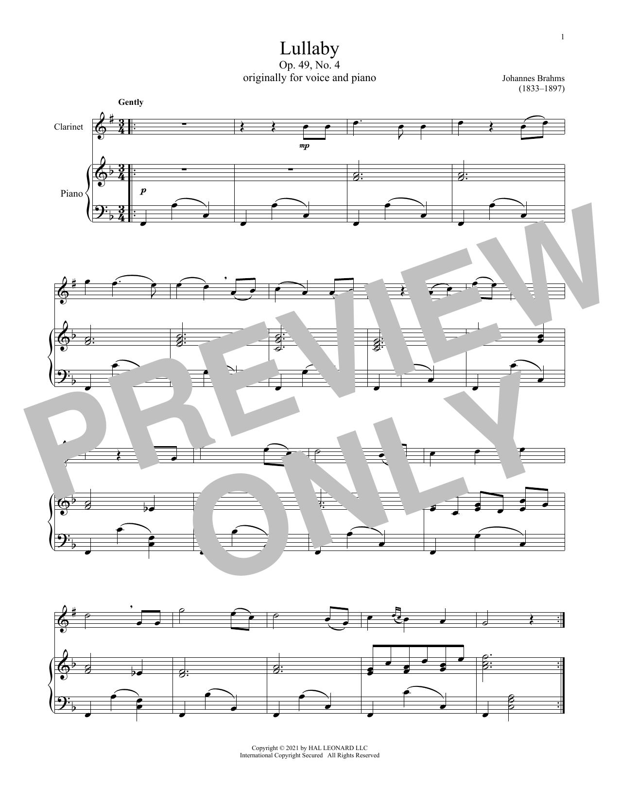 Download Johannes Brahms Lullaby Sheet Music