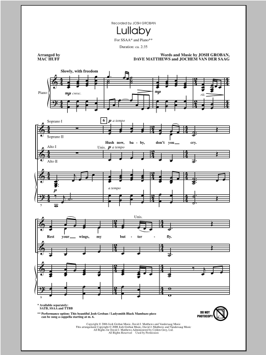 Download Josh Groban Lullaby (arr. Mac Huff) Sheet Music