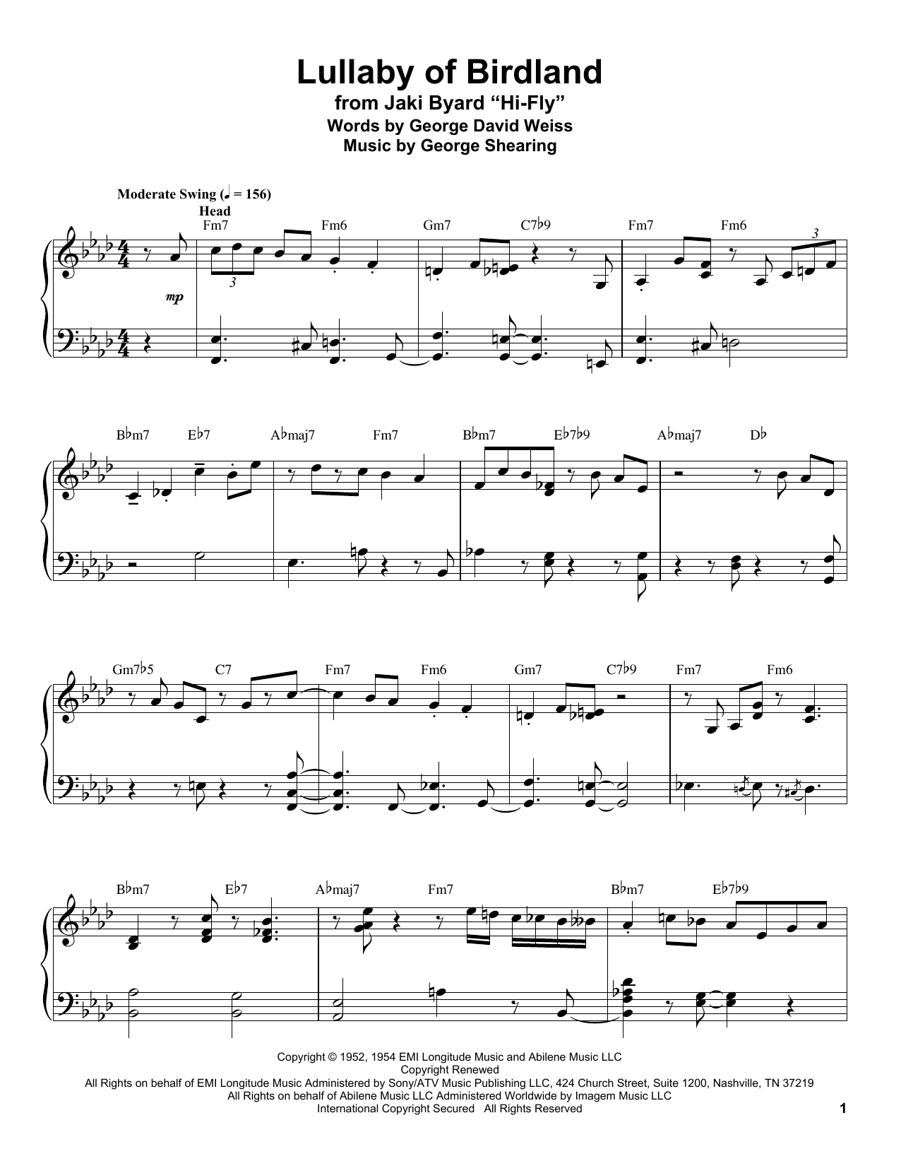 Download George Shearing Lullaby Of Birdland Sheet Music