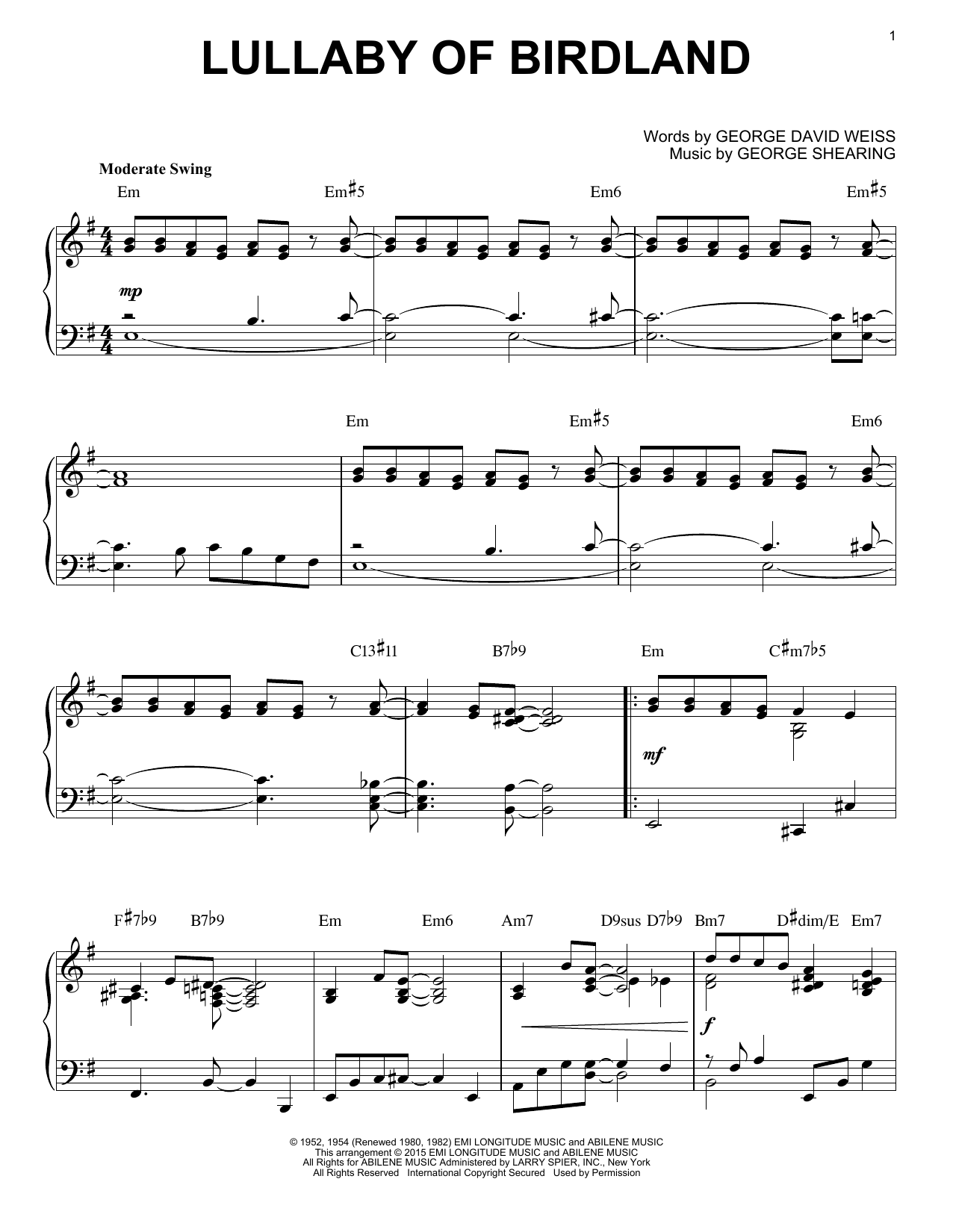 Download George Shearing Lullaby Of Birdland [Jazz version] (arr Sheet Music