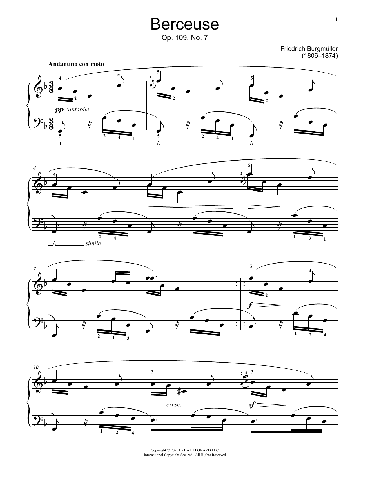 Download Johann Friedrich Burgmuller Lullaby, Op. 109, No. 7 Sheet Music