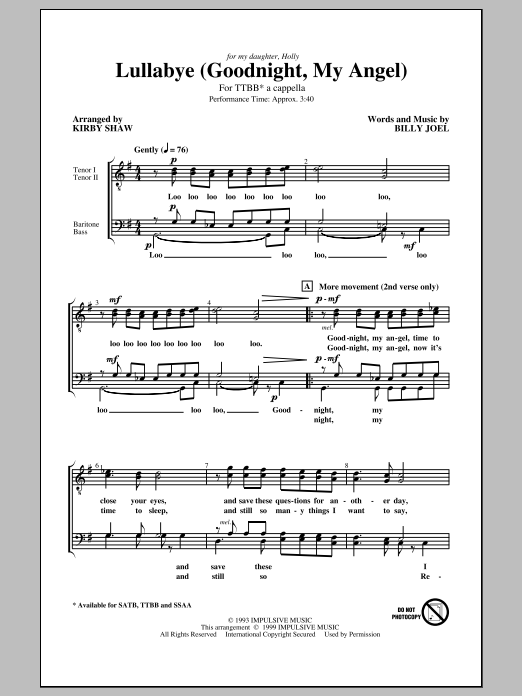 Download Billy Joel Lullabye (Goodnight, My Angel) (arr. Ki Sheet Music