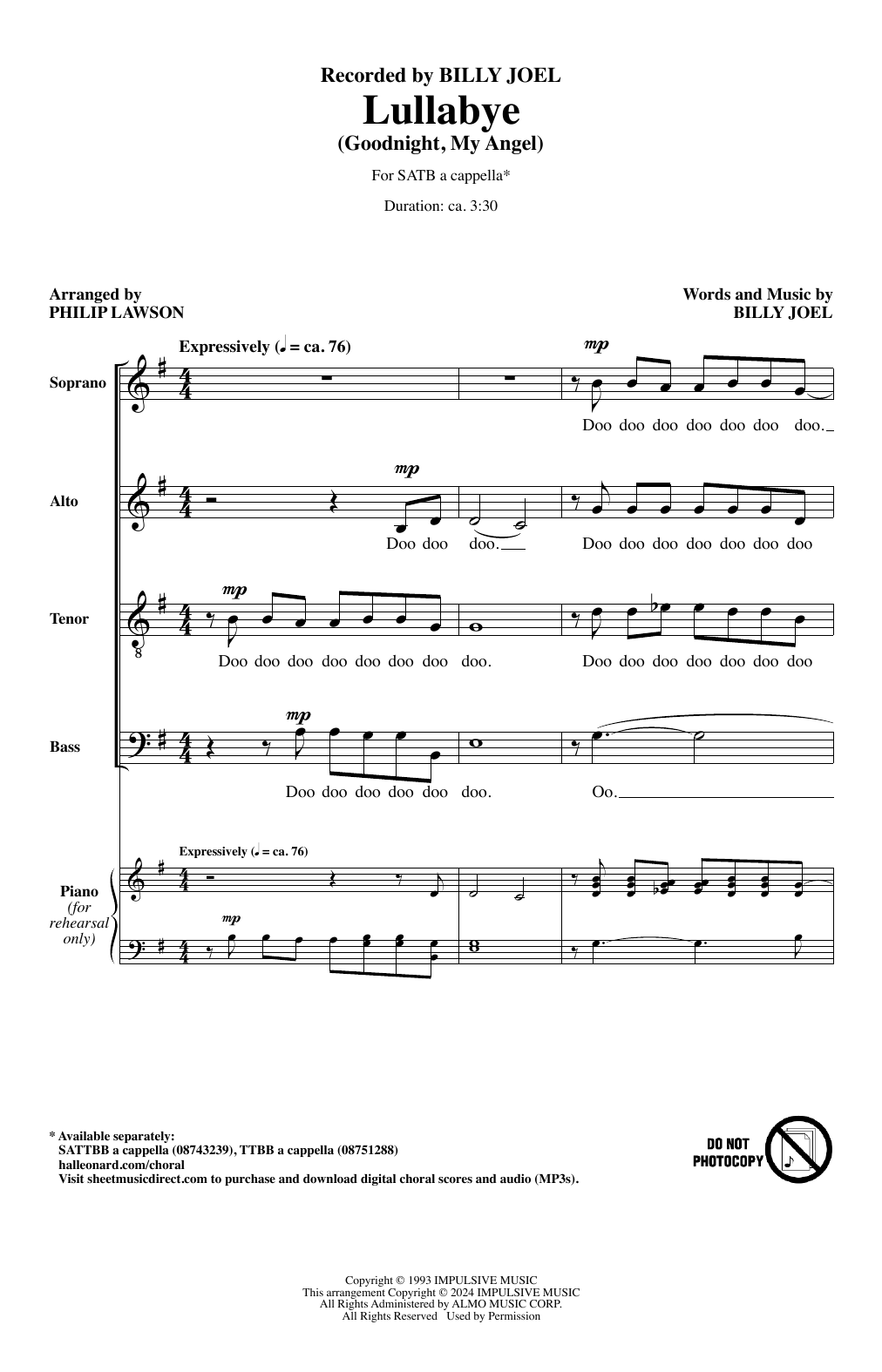 Billy Joel Lullabye (Goodnight, My Angel) (arr. Philip Lawson) sheet music notes printable PDF score